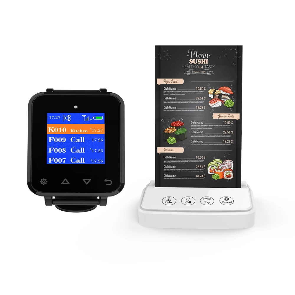 Artom Wireless menu stand call system with waterproof watch receiver set in different language