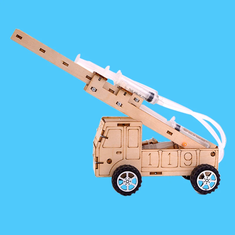 DIY STEM Hydraulic wooden ladder fire truck school educational toy science assembly wooden puzzle kits Physics toys for kids