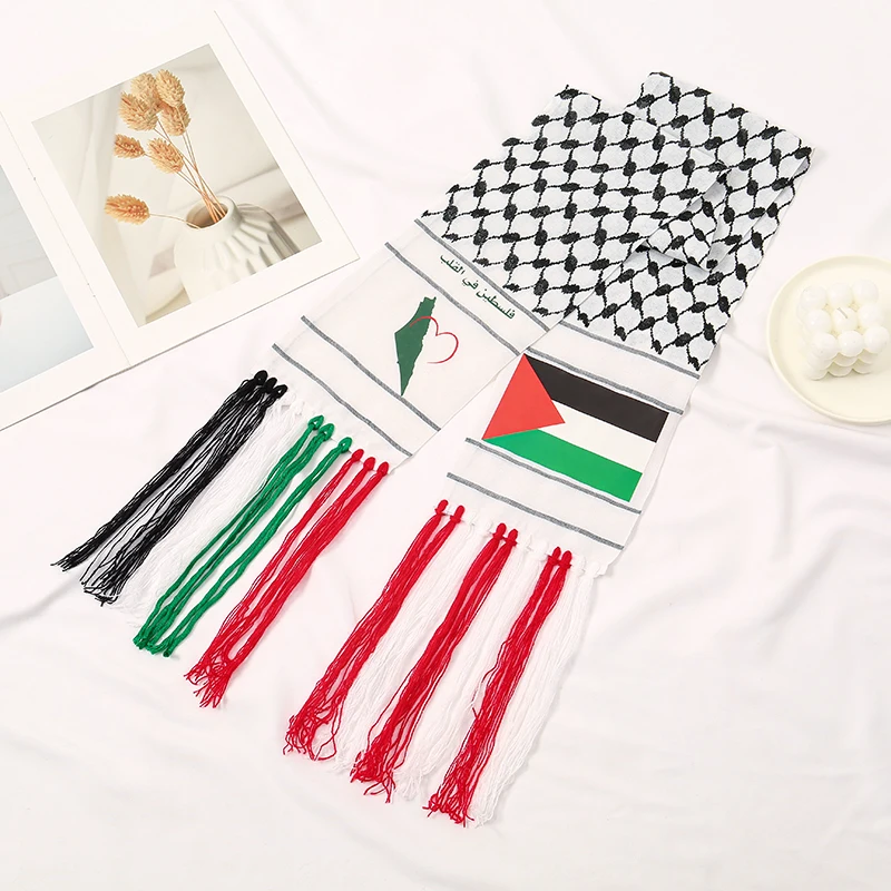Hot Sale Tassel Palestinian Flag Printed Shawls Arab Keffiyeh Neck Scarves Silk Palestine Scarf