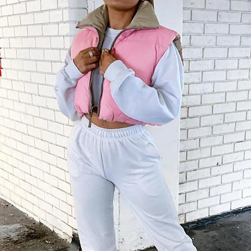 
Fashion Cute Women Pink Puffer Jackets Vest Sleeveless Bubble Coats Parkas Down High Waisted Vests Reversible Cotton Crop Parkas 