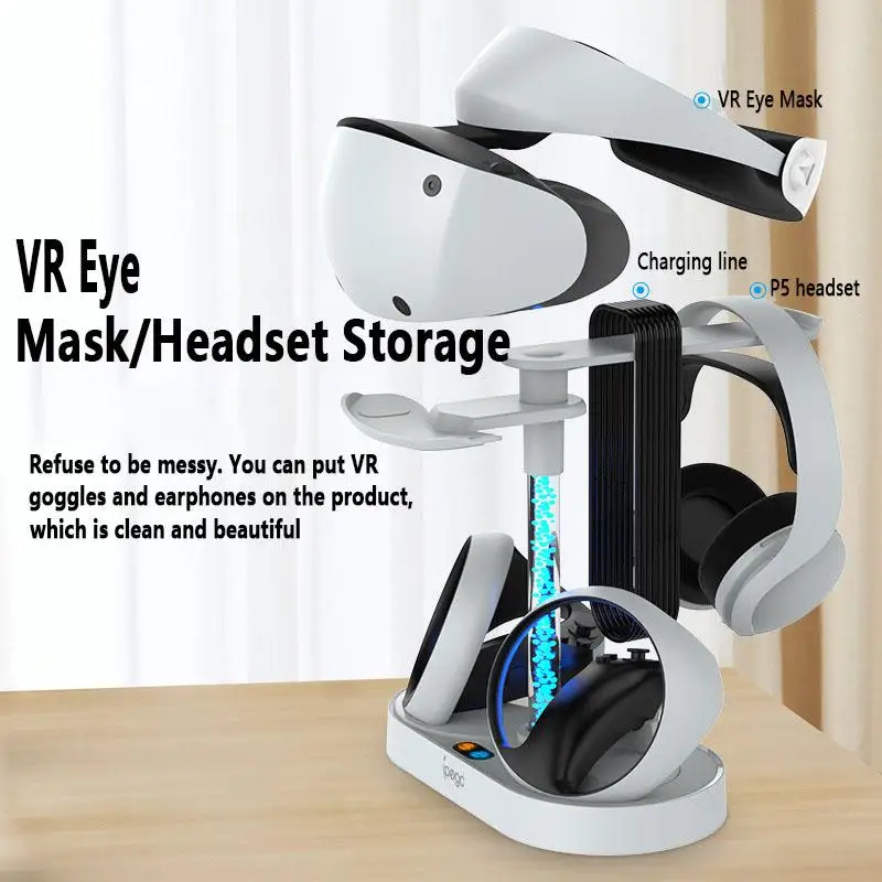 For PSVR2 Rainbow LED Charging Dock PS5 VR Controllers Charger stand with Helmet Headphone Storage Rack