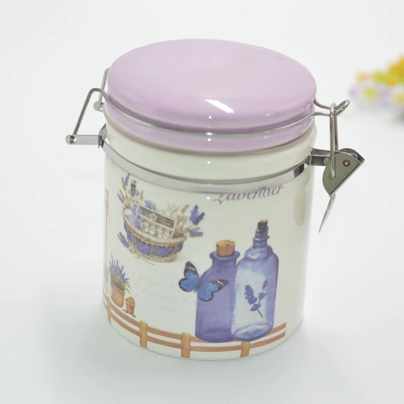 Lavender pattern hinged jar small ceramic coffee canister custom food storage bottles & jars