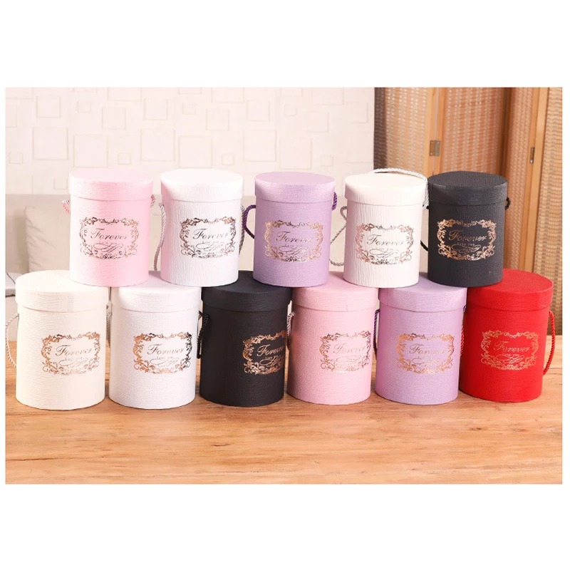 ZL Wholesale Gold Print Luxury Packaging Valentine Day Flower Round Craft Cardboard Tube Gift Box With Rope Handle and Lid