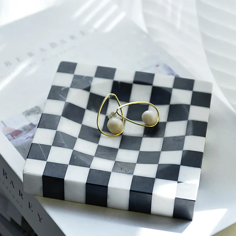 wholesale custom Marble Black and white splicing Decoration Plate Square Modern Style zebra Stone Jewelry Tray plate platter