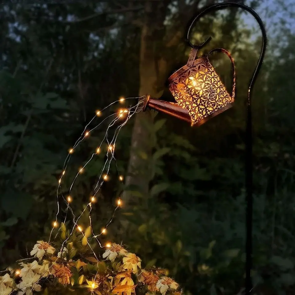 Howlighitng Patio Yard Pathway Plant Vine Lights Waterproof Fairy Lights Hanging Metal Waterfall Solar Kettle Watering Light