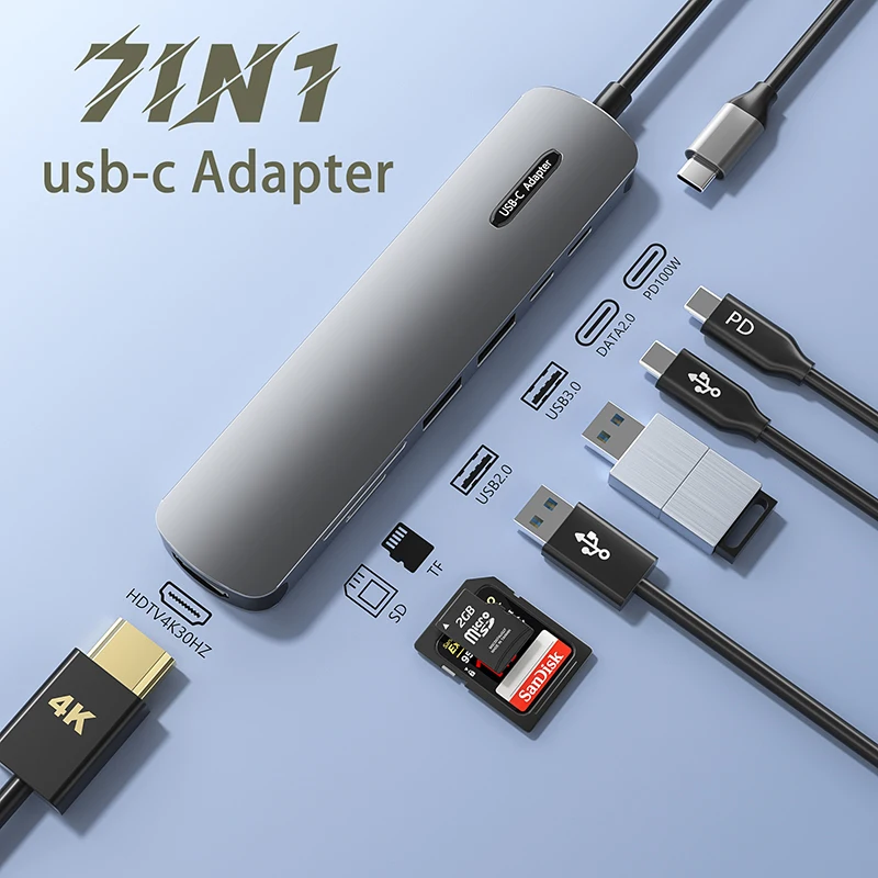 Usbc Hub Type-C 7 Ports  Pd3.0 100W Usb3.0 Tf Sd Card Reader 4K Laptop Docking Station 7 In 1 Dock Dual Usb C Hub Usb C Hub