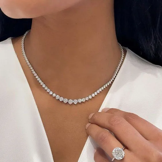 Men Women Hip Hop Jewelry Silver Graduated Diamond Iced Out Tennis Chain Necklace