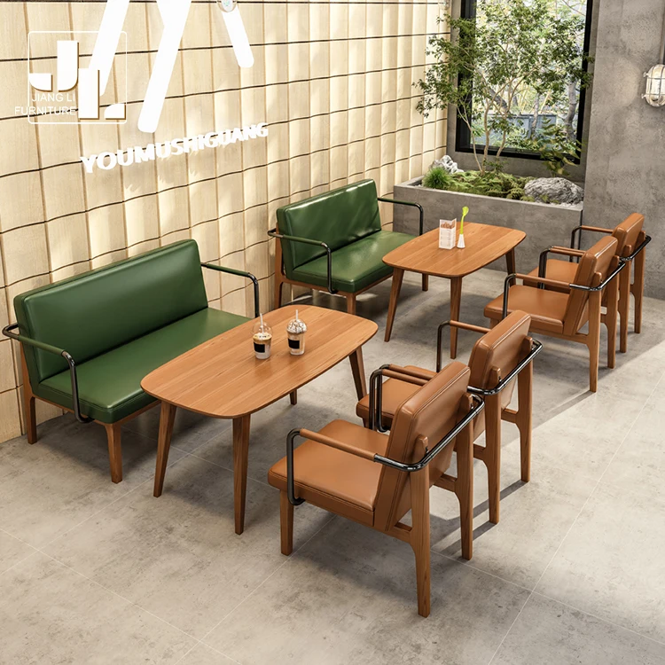 Modern cafe leisure seating sofa commercial hotel restaurant wood frame leather dining table and chair set furniture