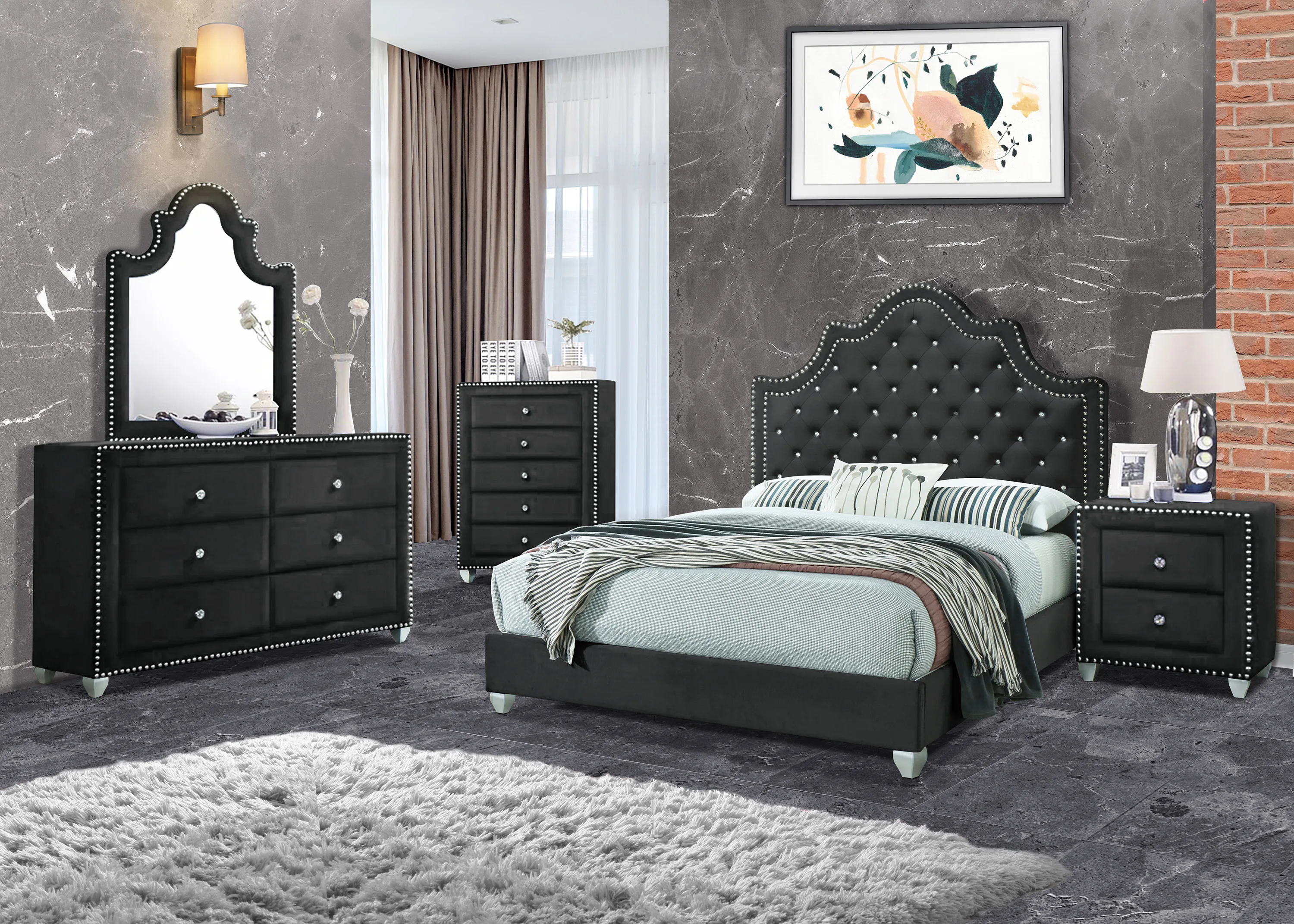 Morgan 5 Pcs Upholstered Bedroom Queen Set Velvet Blue Bed/ Dresser/ Chest Of Drawer/ Night Stand And Mirror With Studding