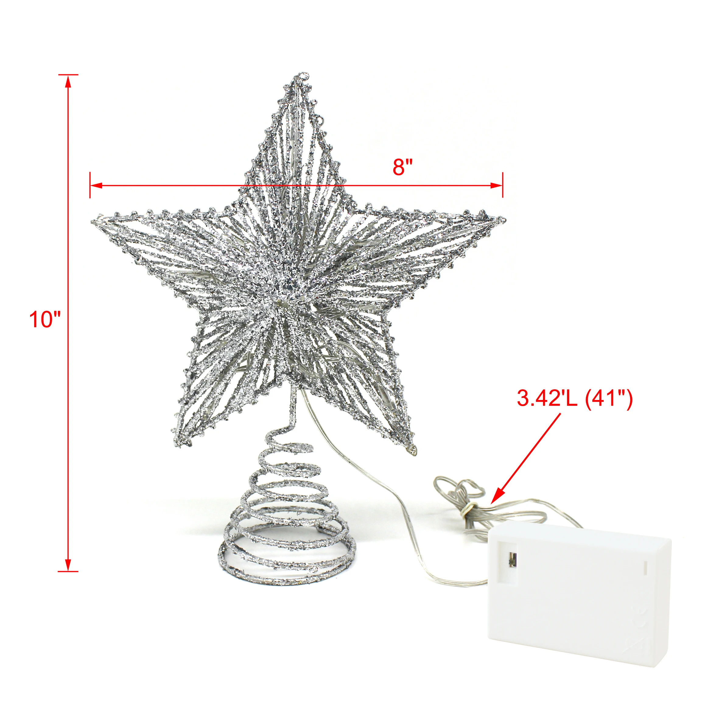 Silver Glittered 3D Tree Top Star with Warm White LED Lights and timer for Christmas Ornaments Decor