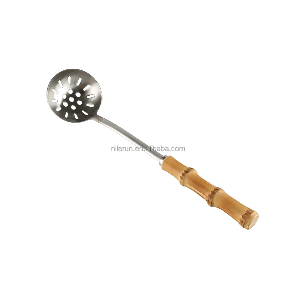 Tableware Cutlery 304 Stainless Steel Long Bamboo Root Wooden Handle Soup Ladle Colander Slotted Serving Spoon Set for Hot Pot