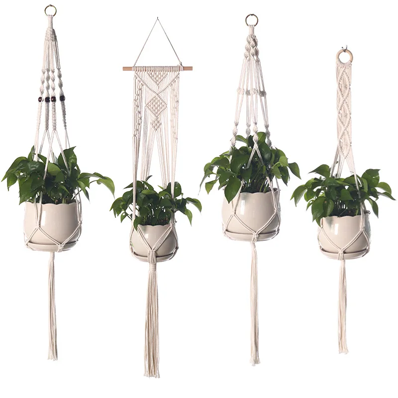 Hand Woven cotton and linen gardening green plant net bag Indoor & outdoor Macrame Plant Hanger Home Decoration