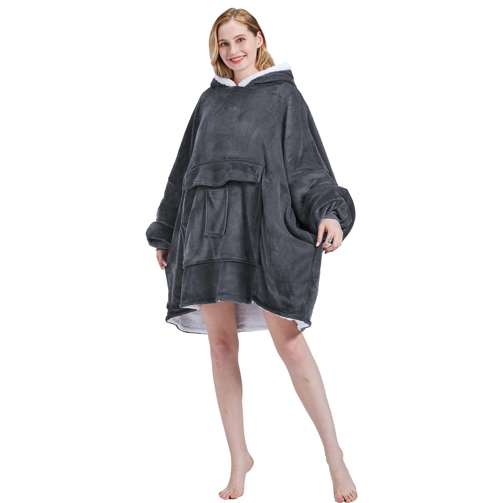 Oversized Microfiber & Sherpa Wearable Blankets for Adults & Kids Warm Winter Gift Hoodie Blankets Sweatshirt with Hood Pocket