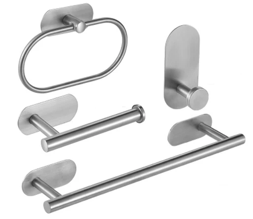 Luxury 4 Pcs Self Adhesive Bathroom Home Accessories Hardware Set No Drilling Clothes Towel Bar Stainless Steel Rack Set