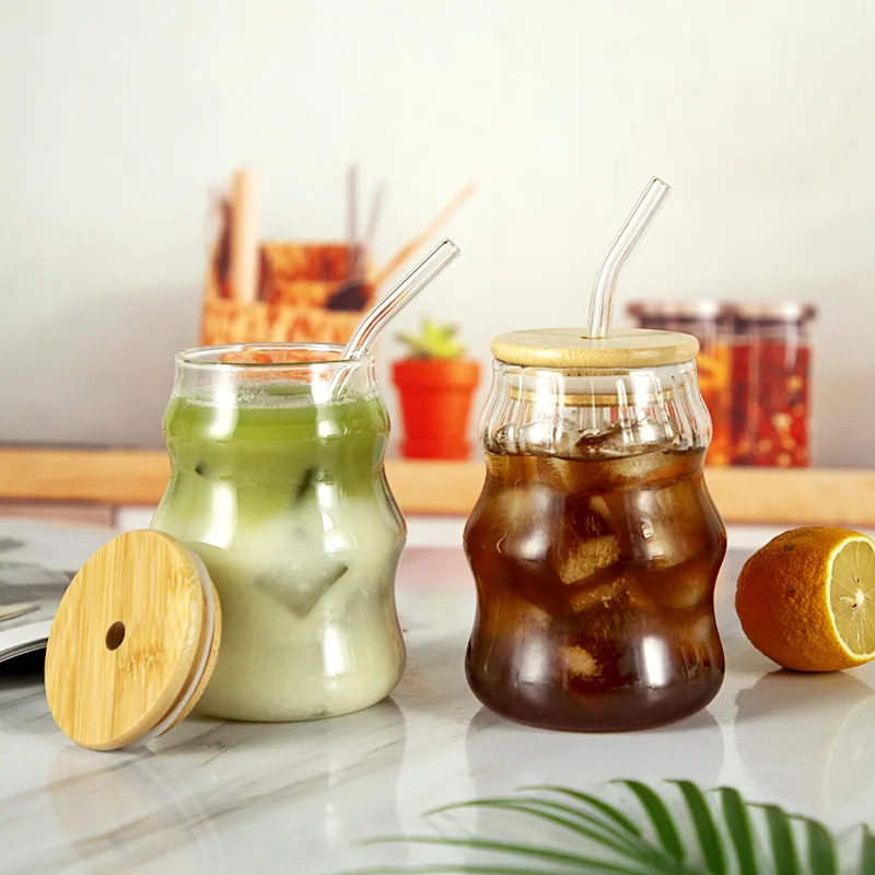 Ribbed Glasses Clear Boba Tumbler Insulated Double Mug Sublimation Cappuccino Coffee Glass Cups With Bamboo Lid and Straw