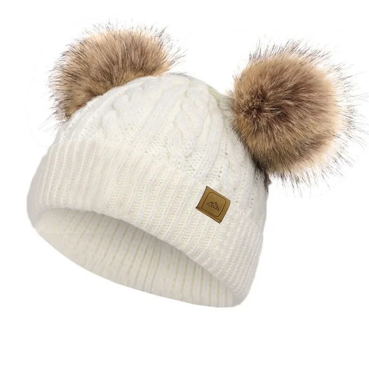 Оптовая продажа, зимние детские вязаные крючком шапки из 100% хлопка с помпоном из искусственного меха
