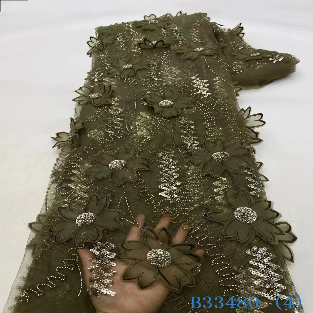 High Quality Premium Lace Fabric 3D Flower Lace with Beads and Pearls Mesh 3D Lace with High End embellishments