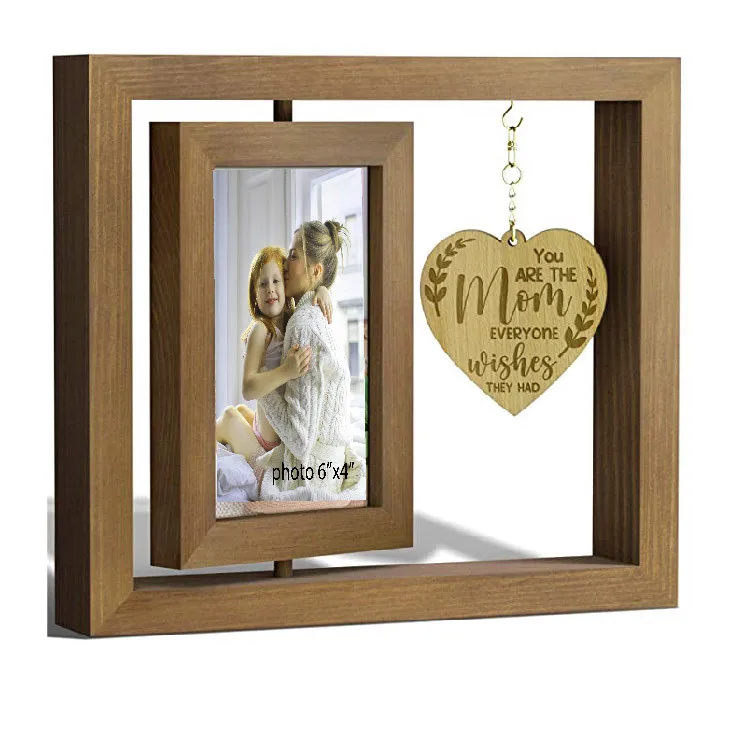 Rustic Wooden Double Sided Rotating Picture Frame for 4x6 with Warm Heart Pendant for Mom