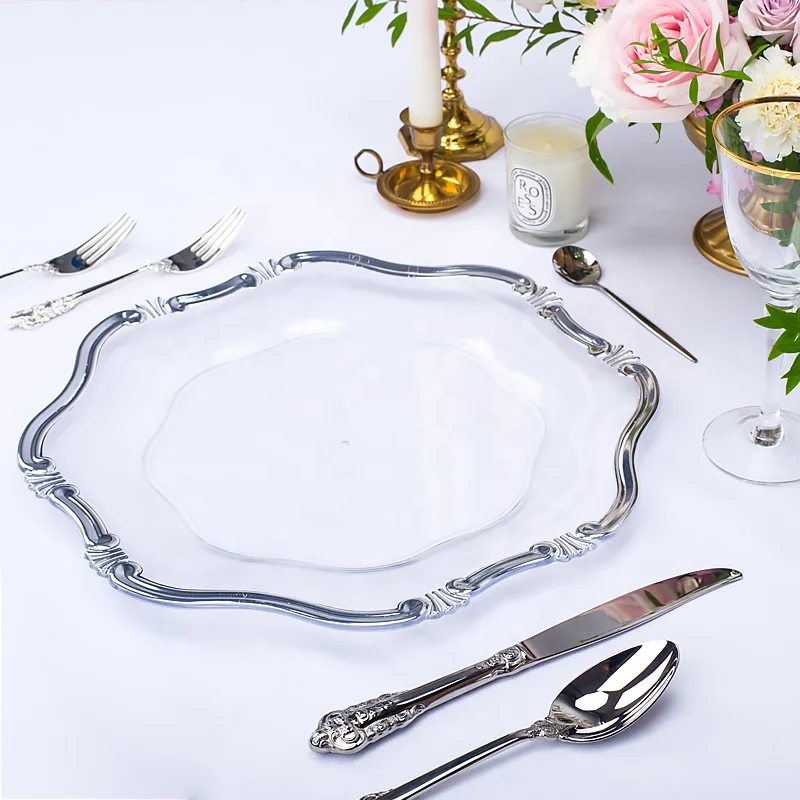 13 inch elegant wholesale acrylic plastic clear silver charger plates wedding decoration gold rim cheap plate chargers wholesale