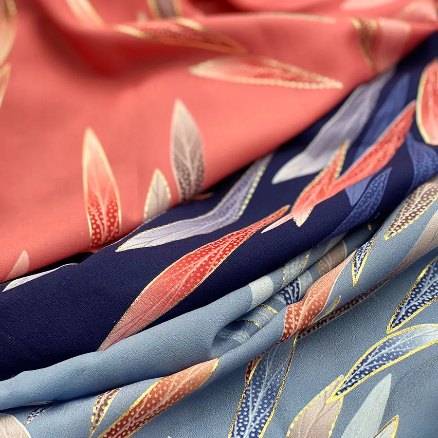 Manufacturer price women dress cloth faille salix leaf outline gold metallic printing poly georgette fabric