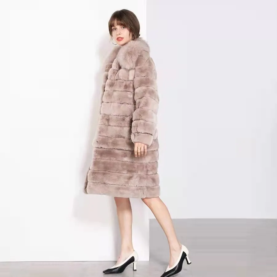 Luxury    Women  Genuine  Rabbit    fur  coat    Fashion   Winter fur  coat    with  fox  collar