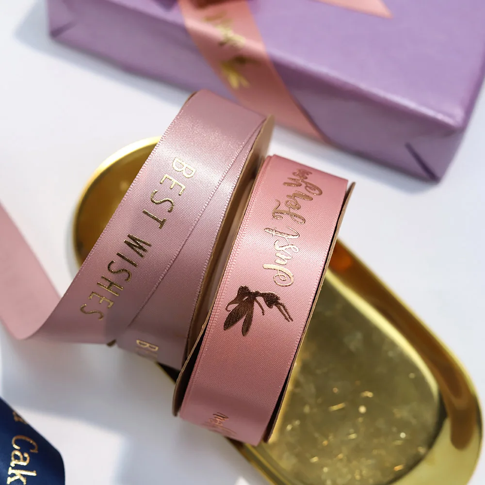 Custom Gift Wrapping Embossed rose gold Printed Recycled 100% Polyester Pink Grosgrain Satin Ribbon With Logo Brand