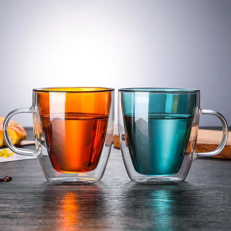 Hot selling wholesale price 350ml and 450ml colored inner layer double wall mug glass