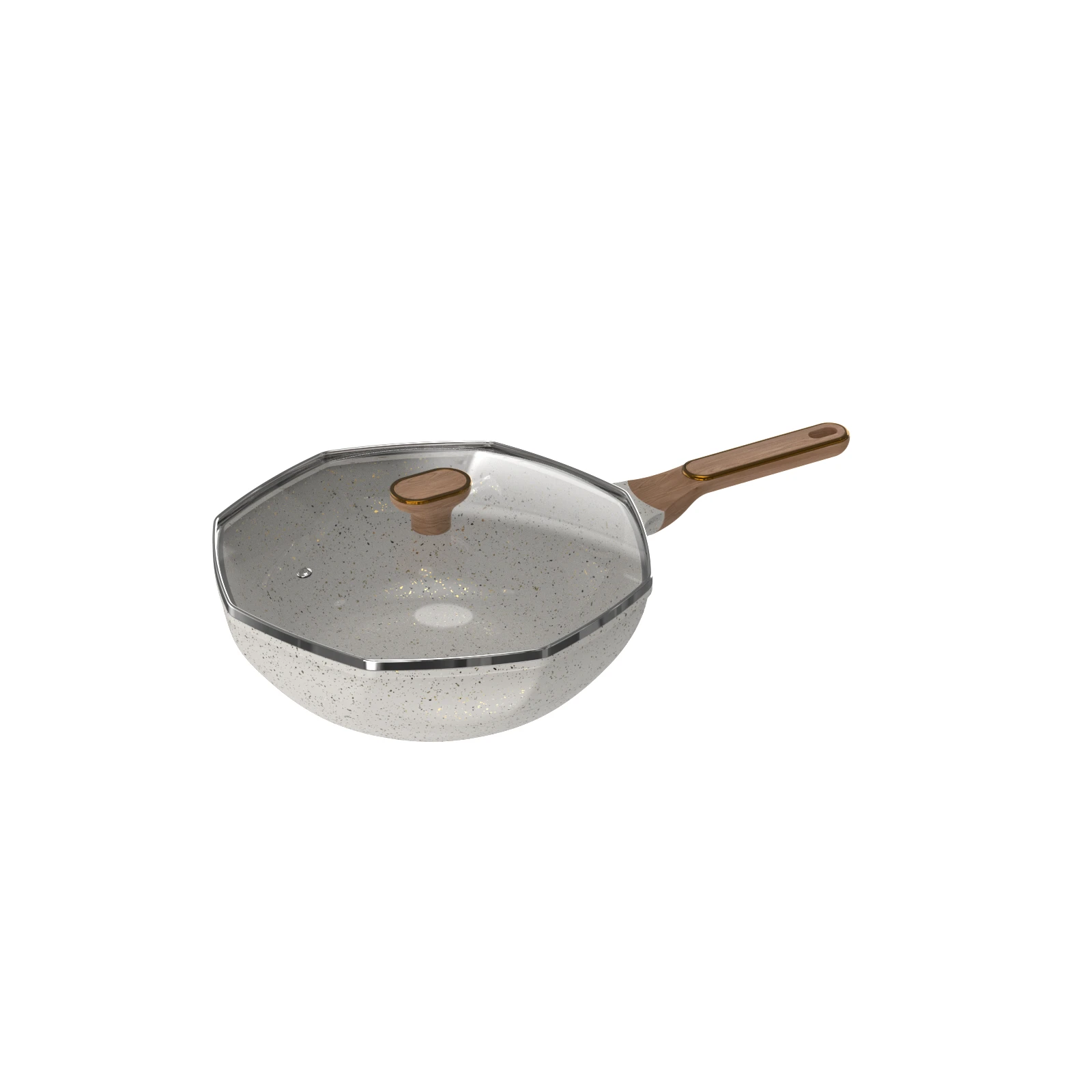 New Style Octagonal lightgrey Die casting non-stick Chinese wok Aluminum high quality cooking wok pan with glass lid