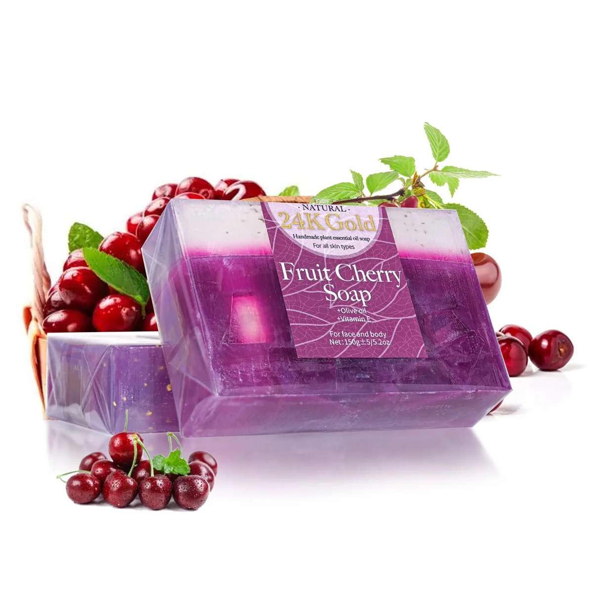 Fruit Cherry Aroma 150g Essential Oil Soap With Added 24K Gold Leaf Handmade Soap For Facial Cleansing