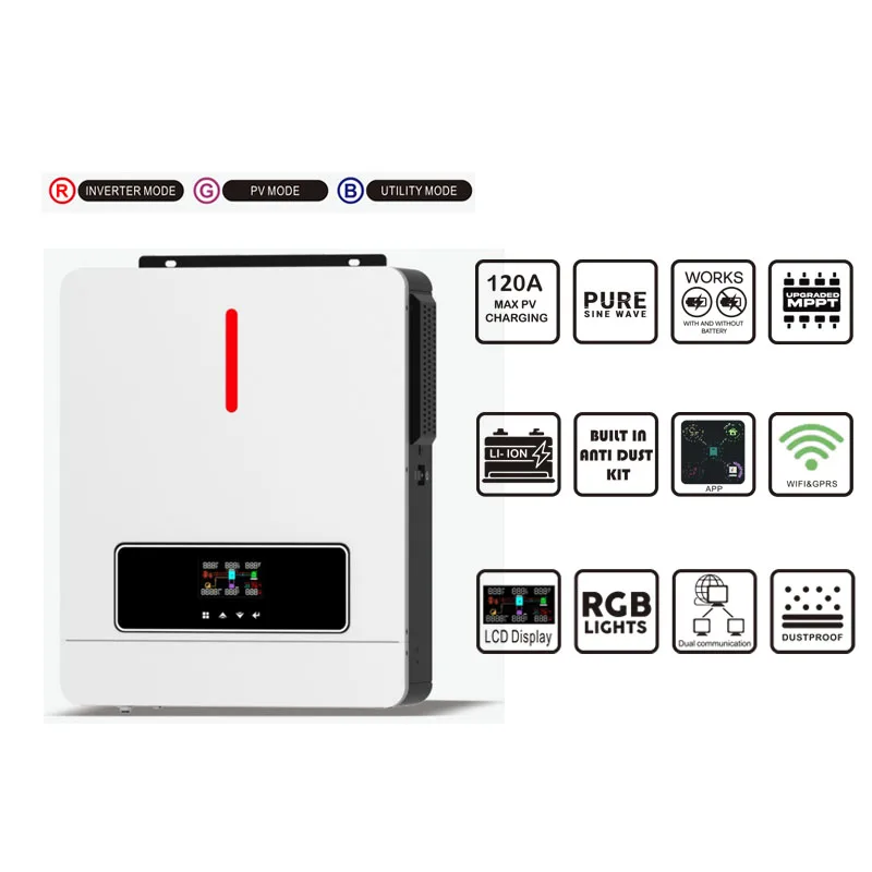 6.2KW 48VDC 230VAC Built-in WIFI Hybrid Solar Inverter Dual Output Hybrid On Grid Off Grid Battery Less Solar Inverter