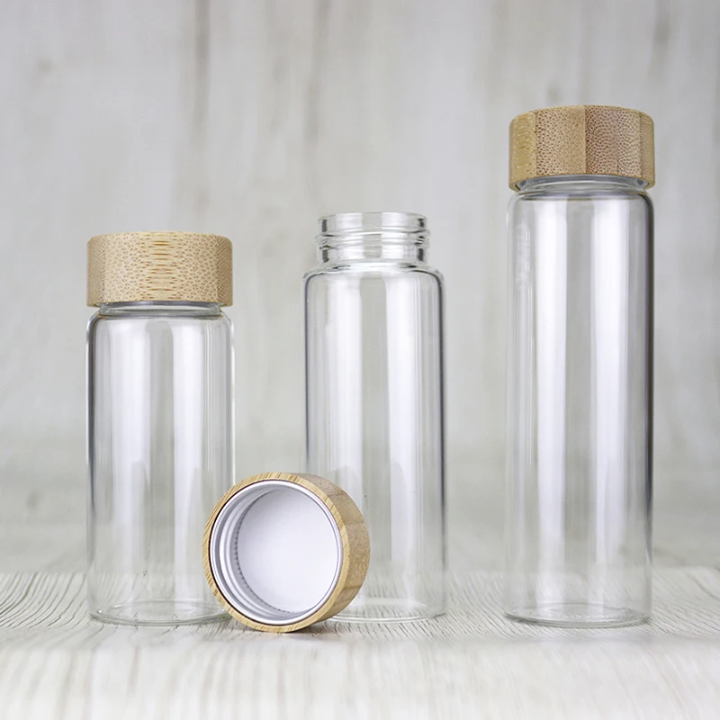 
50ml bamboo wood cover borosilicate glass bottle small storage jar saffron health care product packaging glass bottle 