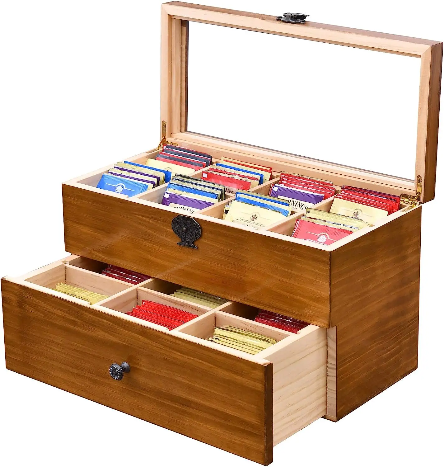 Large Capacity Vintage Wood Tea Bag Box Tea Storage Chests with Clear Lid Wooden tea box
