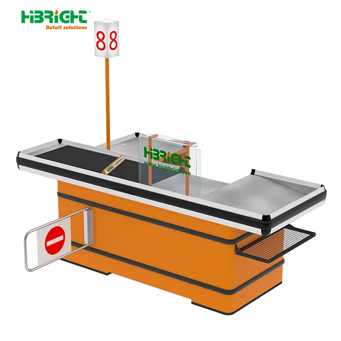 Highbright Retail Store Customized Supermarket Cashier Table Cash Desk Checkout Counter with Conveyor Belt