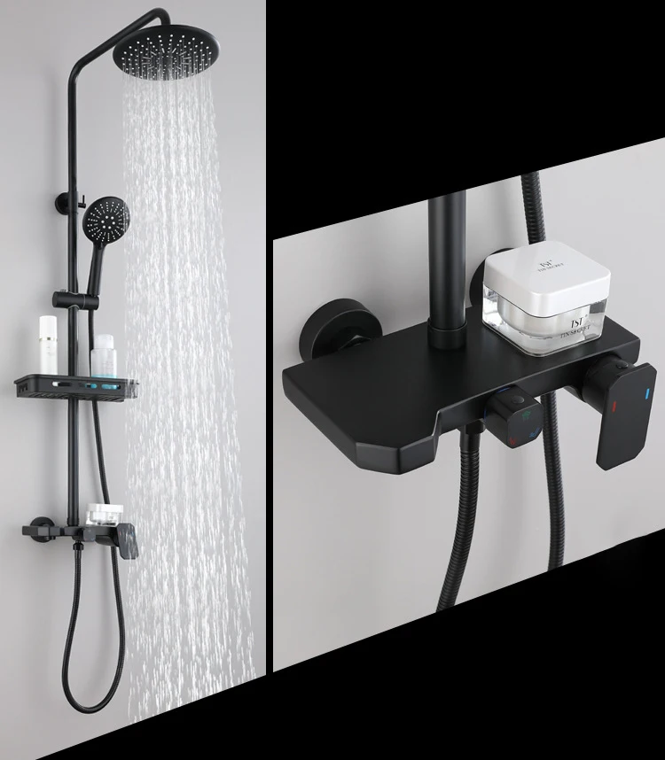 Cheap Stainless Steel 3-Way Bathroom Shower Mixer Faucet Black Finishing Shower Set with Bracket Shelf