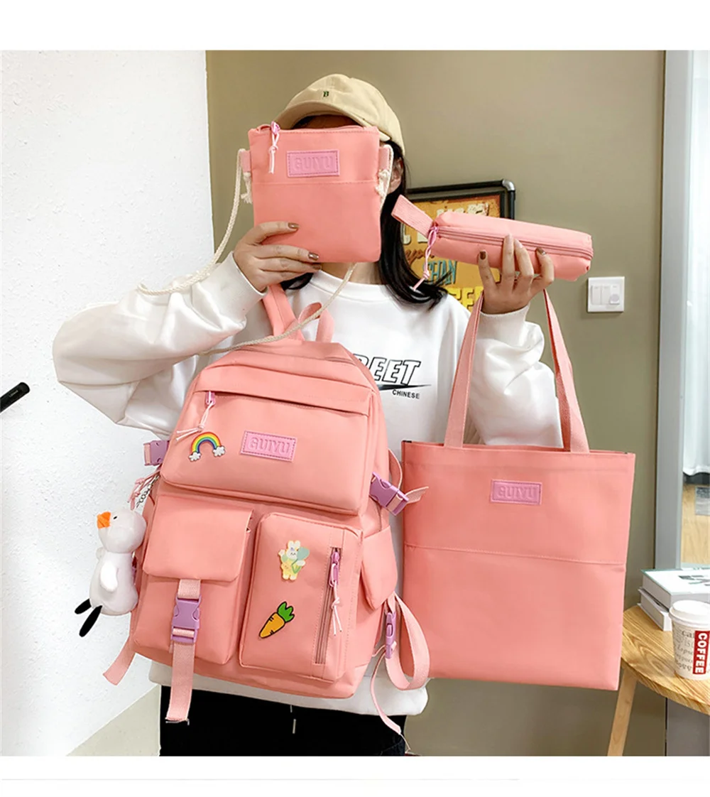 Factory custom student Korean style student nylon schoolbag set four piece set beige pop girls school schoolbag backpack