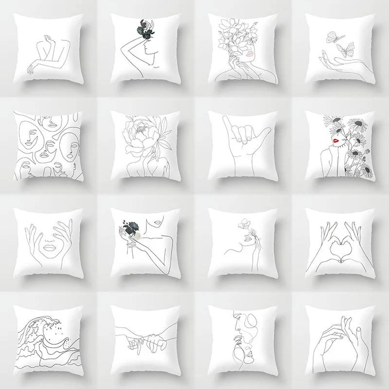 Modern Simple White Handmade Throw Pillow Cover Figure Flowers Pattern Cushion Cover For Living Room Sofa Pillow Cases