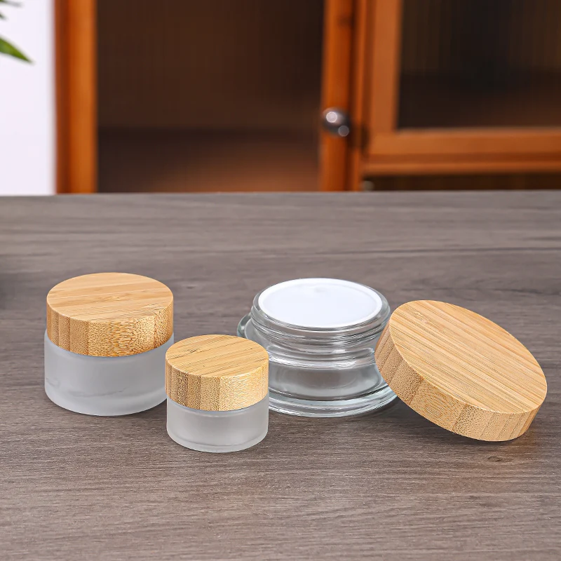 High Quality 5g 15g 30g 50g 100g Frosted Transparent Body Cosmetic Bottle Jars Set Cosmetic Container Glass Cream Jar With Bambo