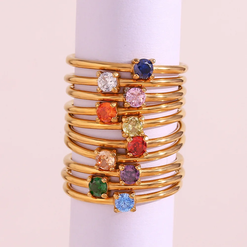 ODM Bague Acier Inoxydable Femme 18K Gold Plating Stainless Steel Thin Tail Birthday Stone Ring