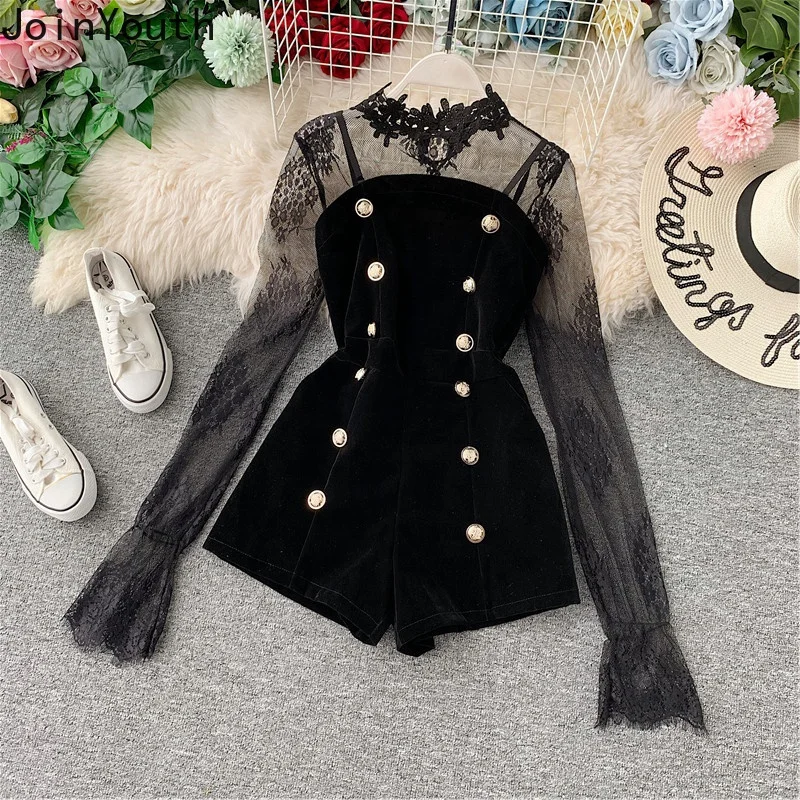 Two Piece Outfits Lace Tulle Pullover Flare Sleeve Shorts Gold Velvet Button Black Sets 2023 Fashion Clothes Female Pants Set