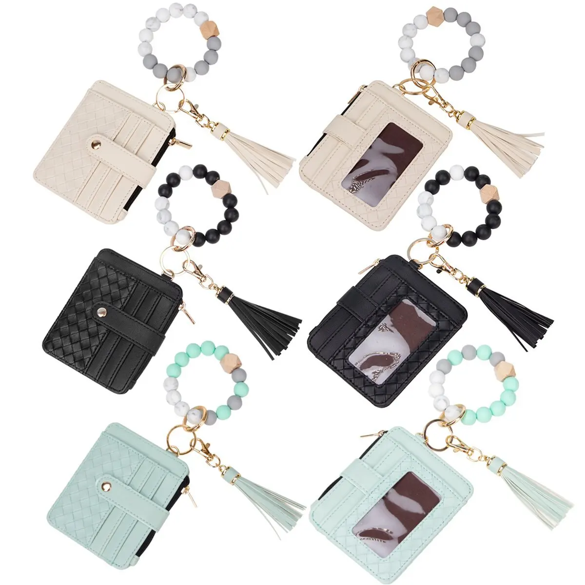 Wholesale bulk silicone beaded wristlet keychain with coin purse pouch bead bracelet kit with tassels zipper wallet