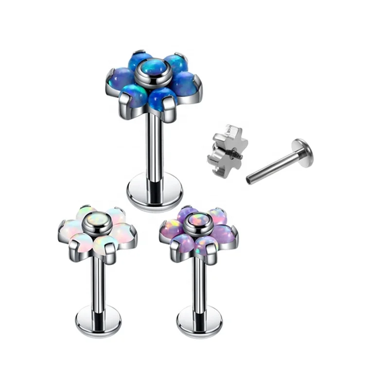 
ASTM F136 Titanium Internally Threaded Opal Flower Labret Monroe Lip Tragus Piercing <span style=