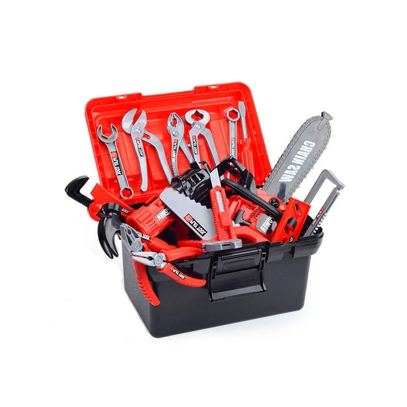 Children portable deluxe plastic toddler boy pretend play engineering tool box chainsaw toy set for 3 year old