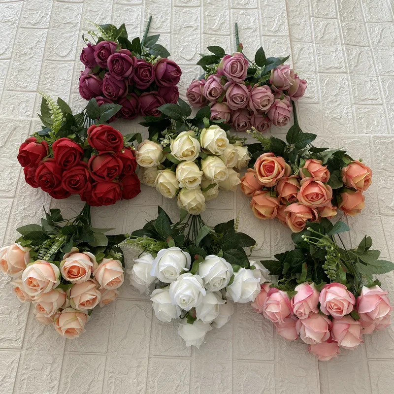 Hot Sale Wholesale 12 Heads Wedding Decorations Blush Pink Rose Bouquet Artificial