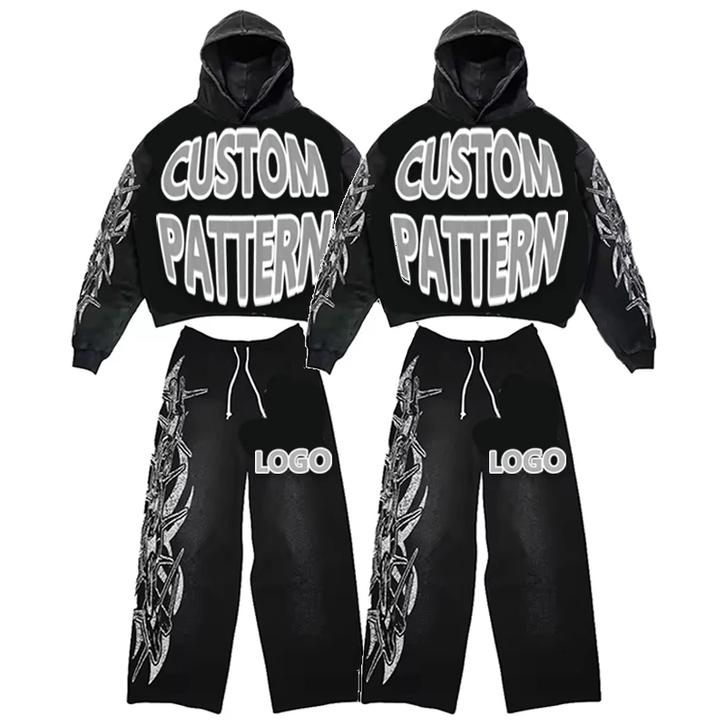 Premium Manufacturer Luxury French Terry 100% Cotton Vintage All Over Print Custom Hoodies And Sweatpants Set