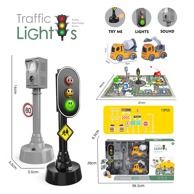 Kids Interactive Learning Push and Go Car Toys Traffic Sign Toy Police Car Set with Play Mat