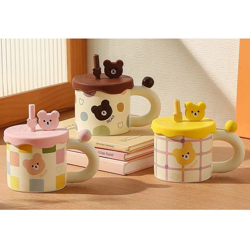 Solhui Cute cartoon bear ceramic coffee mug with straw creative animal water cup