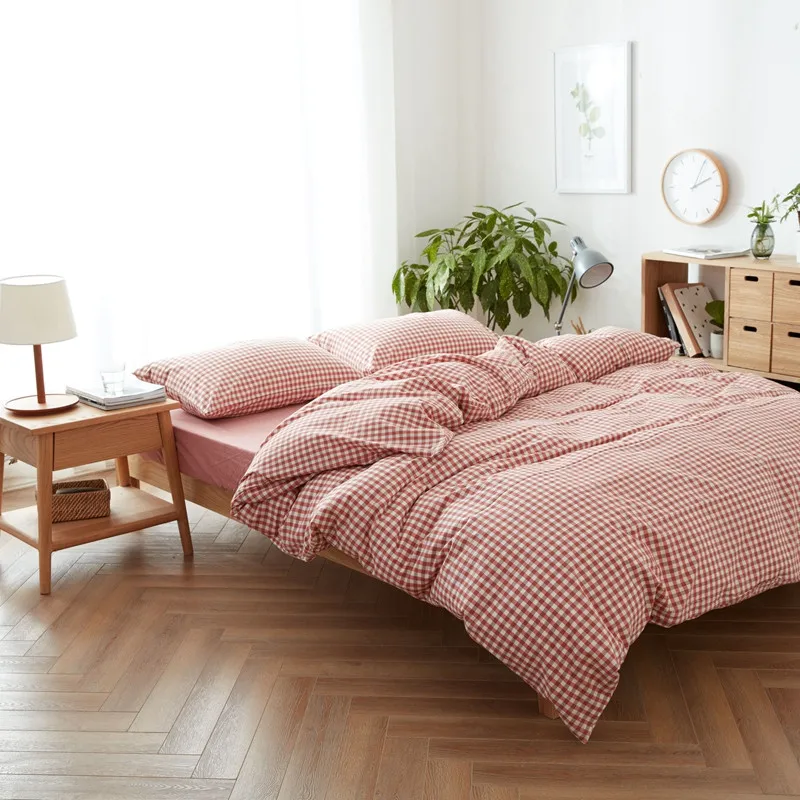 Queen Size 4 Pieces Plaid Yarn Dyed 100% Washed Cotton Bedroom Comforter Cover Set Bedding Set