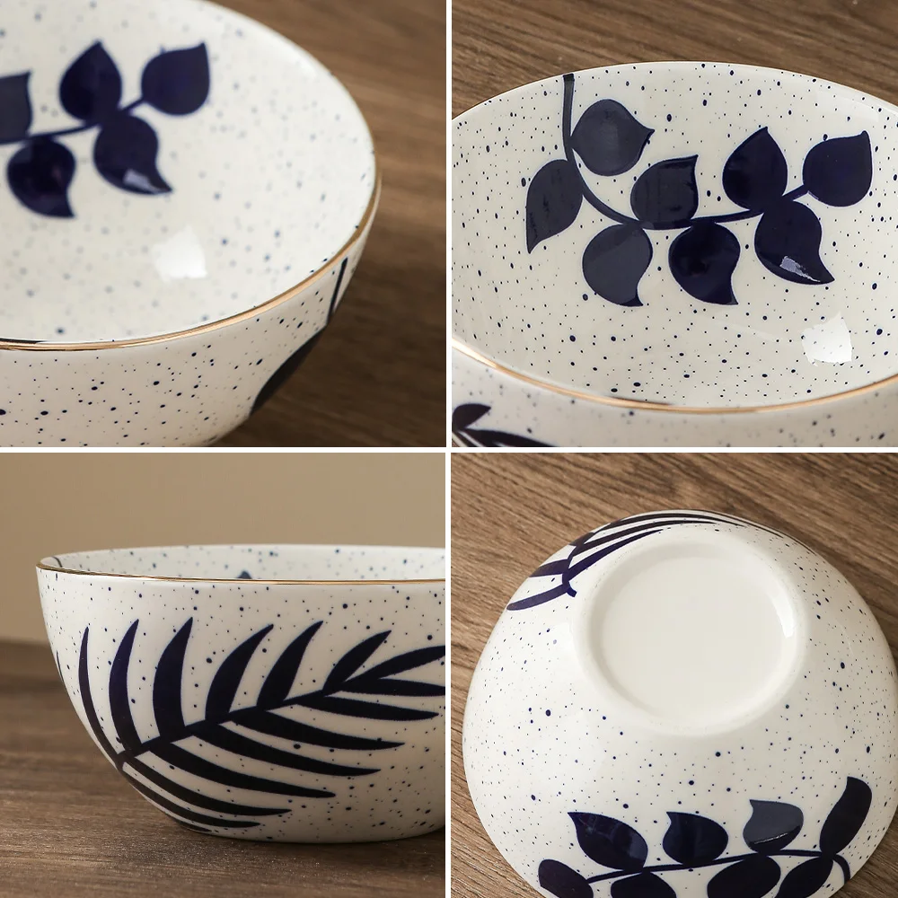 Chinese Leaves Pattern Cereal Bowl Porcelain Golden Line Small Ceramic Bowls for Crackers, Fruits, Brie and Meat
