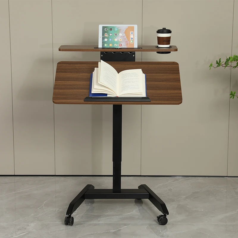 Pneumatic gas height adjustable standing mobile laptop home office work overbed desk with 0 to 90 angle tiltable desktop