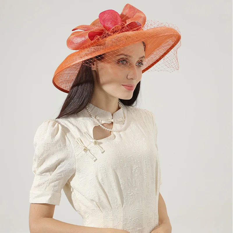 fashion chic Women orange sinamay UV protection sun hat wide brim Kentucky Derby Church wedding Party mesh veil hat